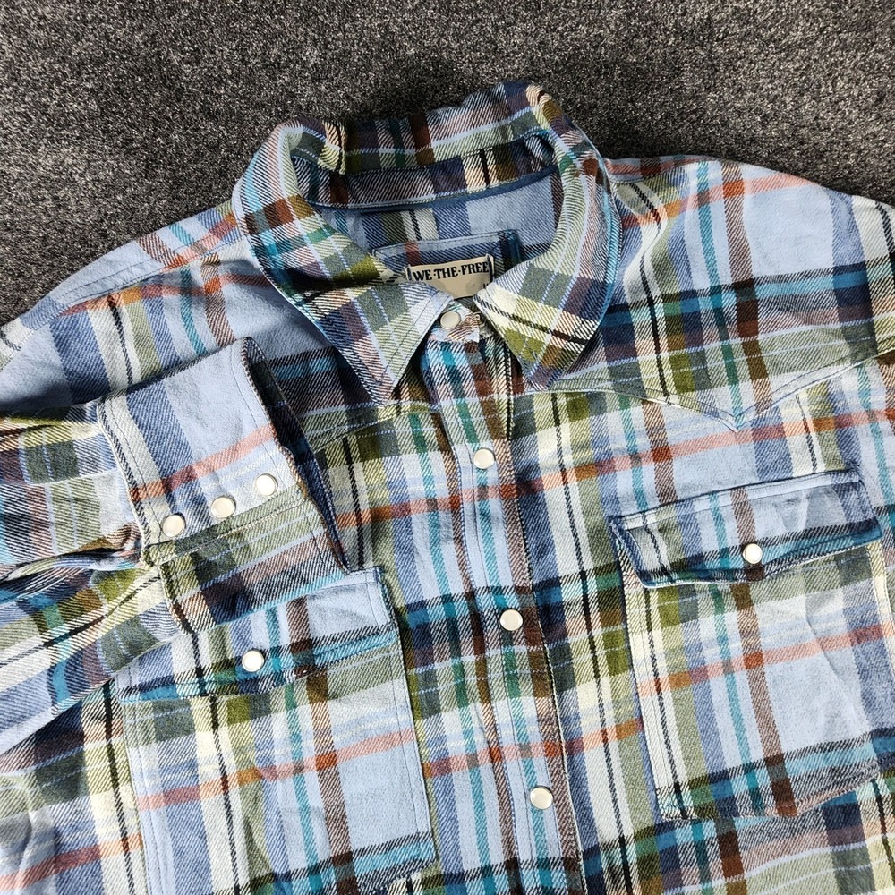 Free People We The Free HIDEAWAY Blue Western Flannel Plaid Shirt Size Medium